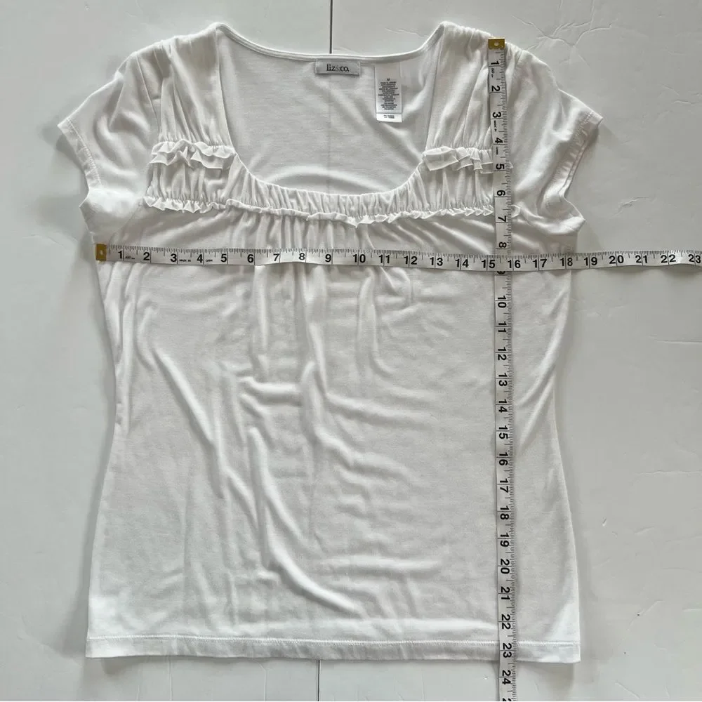 Liz & Co. Cotton Crisp White Short Sleeve Ruffled Blouse Top Tee Size M - Picture 9 of 9